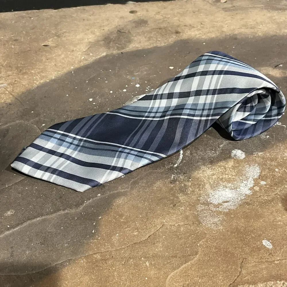 Kai Long Tie 100% Silk Blue Plaid Diagonal Pattern Handmade